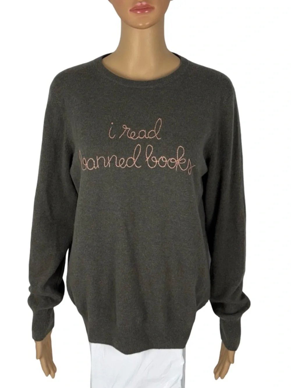 Lingua Franca "i read banned books" Cashmere Womens Large Sweater Gray Crewneck - Picture 2 of 9